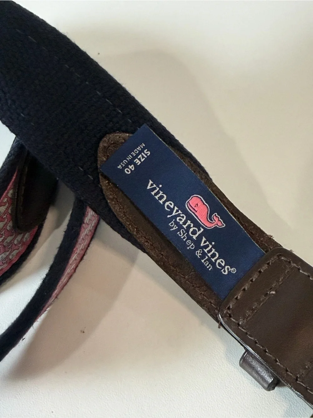 Men's Vineyard Vines Size 40 Pink Whale Patterned Canvas Leather-Trim Belt